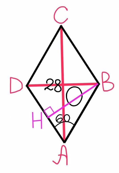 если вам не трудно. В ромбе ABCD ∠A=60ᴼ, AC=28 и диагонали пересекаются в т. О. Найдите высоту ромба