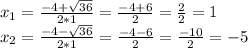 x_{1} = \frac{-4+\sqrt{36} }{2*1} = \frac{-4+6}{2} = \frac{2}{2} = 1\\x_{2} = \frac{-4-\sqrt{36} }{2*1} = \frac{-4-6}{2} = \frac{-10}{2} = -5