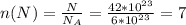 n(N)=\frac{N}{N_A} =\frac{42*10^{23}}{6*10^{23}}=7