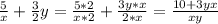 \frac{5}{x} +\frac{3}{2} y=\frac{5*2}{x*2} +\frac{3y*x}{2*x} =\frac{10+3yx}{xy}