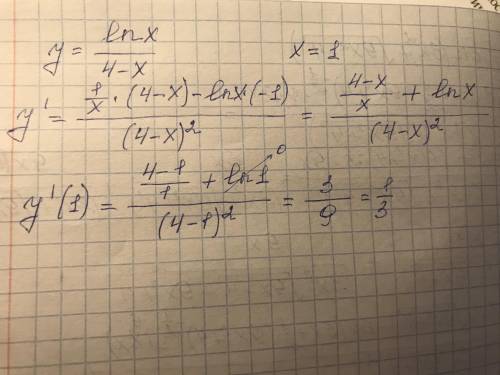 Обчисліть похідну функції y=(lnx)/(4-x) в точці 1