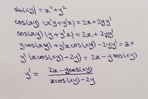 Знайти похідну неявної функції : sin(xy)=x^2+y^2