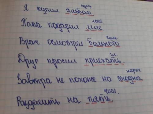 Списать.Подчеркнуть дополнение, подписать часть речи Я купил альбом. Папа подарил мне. Врач осмотр