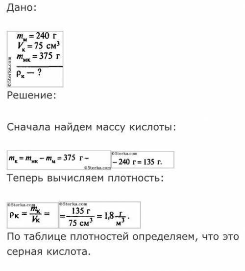 В пустом мензурку массой 240г налили кислоту объем 75см3.масса мензурки с кислотой 375г.Определите,