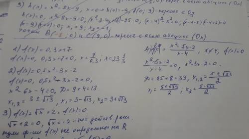 Найдите нули функции:1) f(x)=0,3x+72) 0,5x²-3x-23) f(x)=√x+24) f(x)=x²-5x-2/x-4