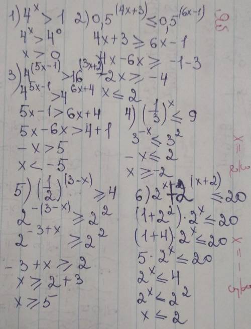 Решите показательные уравнения 1) 2^x=32 2) 2^(x-4)=64 3) (4/5)^x=25/16 4) 3^(x+2)-3^(x+1)+3^x=21 5)