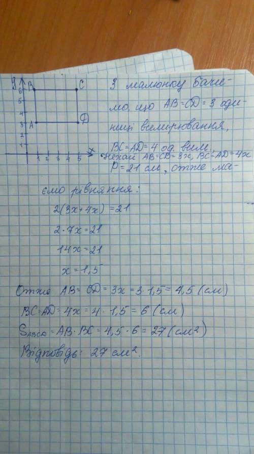 Найдите площадь прямоугольника,точки которого расположены А(1;3), В(1;6), С(5;6), Д(5;3).Периметр пр