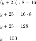 (y+25):8=16\\\\y+25=16\cdot 8\\\\y+25=128\\\\y=103