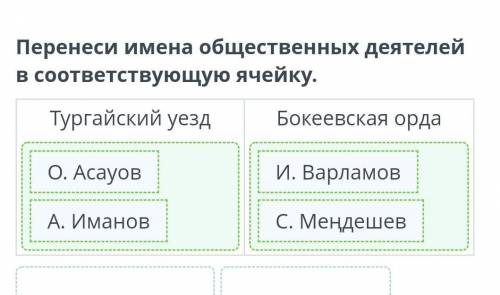 Перенеси имена общественных деятелей в соответствующую ячейку.Тургайский уездБокеевская орда+ С. Мең