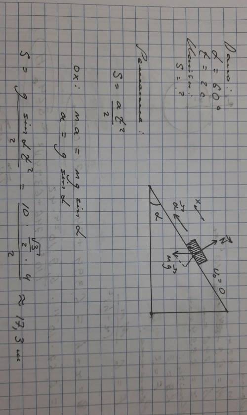 По плоскости, наклоненной под углом 60 к горизонту, движется вниз брусок из состояния покоя. Какой п
