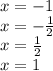 x= -1\\x= -\frac{1}{2} \\x=\frac{1}{2} \\x=1
