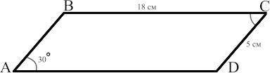 Найдите площадь параллелограмма ABCD, если BC=18 см, CD=5 см, угол A=30° ​