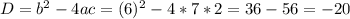 D = b^{2} - 4ac = (6)^{2} - 4 * 7 * 2 = 36 - 56 = -20