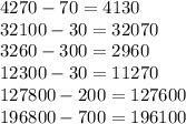 4270 - 70 = 4130 \\ 32100 - 30 = 32070 \\ 3260 - 300 = 2960 \\ 12300 - 30 = 11270 \\ 127800 - 200 = 127600 \\ 196800 - 700 = 196100