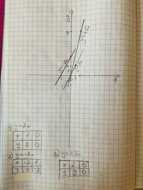 у=2х, у=- 2х, у=4,5х график пропорциональности постройте в тетраде и скиньте.