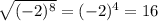 \sqrt{(-2)^{8} } =(-2)^{4} =16