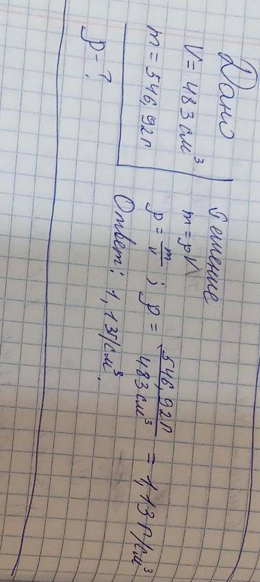 Сосуд объёмом 484 см3 наполнен 546,92 г жидкости. Плотность жидкости равна г/см3. Округли до сотых!