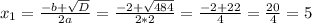 x_{1}= \frac{-b+\sqrt{D}}{2a}=\frac{-2+\sqrt{484}}{2*2} =\frac{-2+22}{4} =\frac{20}{4} =5