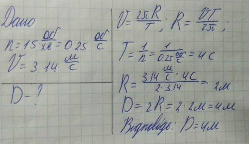 Частота обертання платформи 15 обертів за хвилину. Визначити діаметр платформи, якщо швидкість ії кр