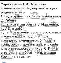 Упражнение 178. Запишите предложения. Подчеркните одно родные члены1. Над горами и полями летела пес