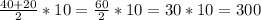 \frac{40+20}{2}*10=\frac{60}{2}*10=30*10=300