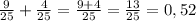 \frac{9}{25} + \frac{4}{25} = \frac{9 + 4}{25} = \frac{13}{25} = 0,52