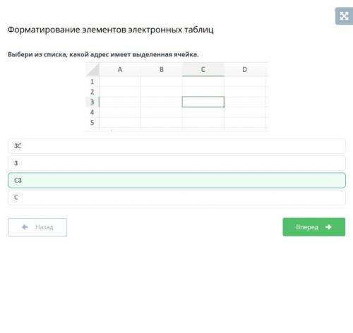 Форматирование элементов электронных таблиц Выбери из списка, какой адрес имеет выделенная ячейка.С3