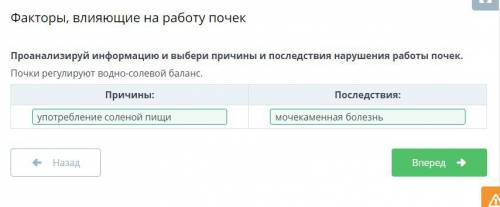 Проанализируй информацию и выбери причины и последствия нарушения работы почек. Почки регулируют вод