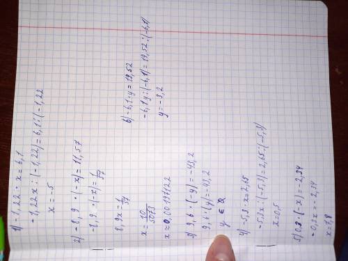 Решите уравнение: -1,22•x=6,1 -8,9•(-x)=19,57 9,6•(-y)=-43,2 -5,3•x=2,65 0,3•(-x)=-2,34 -6,1•y=19,52