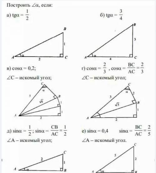 Постройте угол а, если: 1) tg а =1/2; 2) tg a=3/4; 3) cos a=0,2; 4)cos a=2/3; 5) sin a=1/2; 6)sin a=