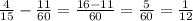 \frac{4}{15} -\frac{11}{60} =\frac{16-11}{60} =\frac{5}{60}=\frac{1}{12}