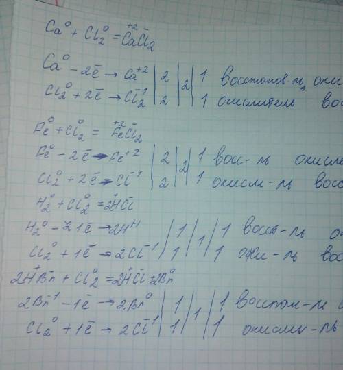 составить ОВРCa+Cl2=Fe+Cl2=H2+Cl2=HBr+Cl2= ​