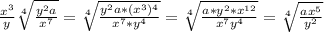 \frac{x^3}{y} \sqrt[4]{\frac{y^2a}{x^7} } = \sqrt[4]{\frac{y^2a*(x^3)^4}{x^7*y^4} } = \sqrt[4]{\frac{a*y^2*x^{12}}{x^7y^4} }=\sqrt[4]{\frac{ax^5}{y^2} }