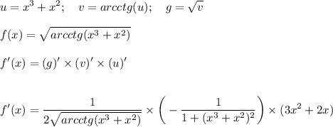 \displaystyle u=x^3+x^2;\quad v=arcctg(u);\quad g=\sqrt{v} \\\\f(x)=\sqrt{arcctg(x^3+x^2)} \\\\f'(x)=(g)'\times(v)'\times (u)'\\\\\\f'(x)=\frac{1}{2\sqrt{arcctg(x^3+x^2)}} \times\bigg(-\frac{1}{1+(x^3+x^2)^2} \bigg)\times(3x^2+2x)