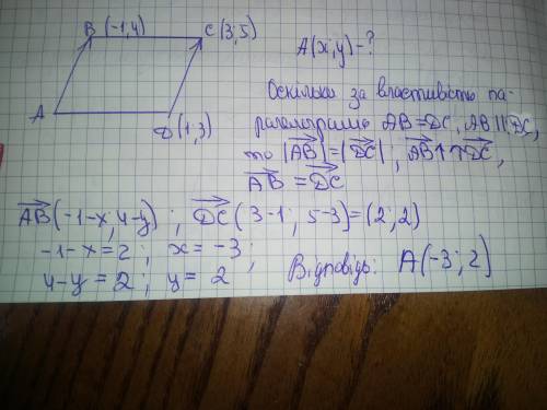 184. Знайдіть координати четвертої вершини паралелограма ABCD, Якщо:B (-1;4) C (3;5) D (1;3)​