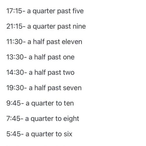 Написать числа на English. 13:1517:1521:1511:30 13:3014:3019:309:45 7:455:453:45​