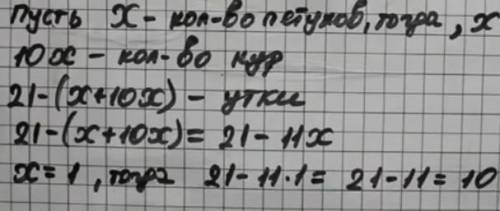 Во дворе гуляют куры петухи и утки всего 21 Петухов в 10 раз меньше сколько уток