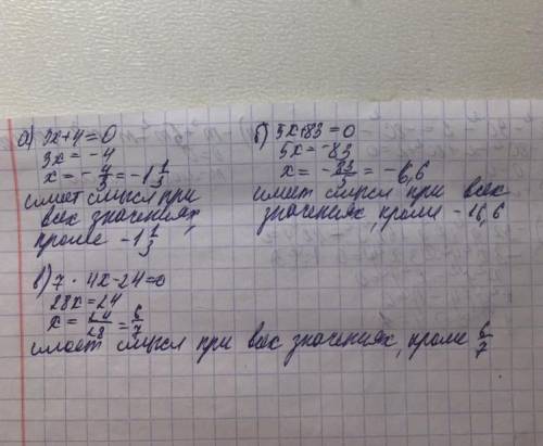 1. При каких значениях переменной имеет смысл выражение: а) 3х + 4; б) ) 5х+83 в) 7х4х−24