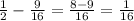\frac{1}{2} - \frac{9}{16} = \frac{8 - 9}{16} = \frac{1}{16}