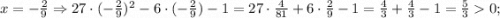 x=-\frac{2}{9} \Rightarrow 27 \cdot (-\frac{2}{9})^{2}-6 \cdot (-\frac{2}{9})-1=27 \cdot \frac{4}{81}+6 \cdot \frac{2}{9}-1=\frac{4}{3}+\frac{4}{3}-1=\frac{5}{3}0;