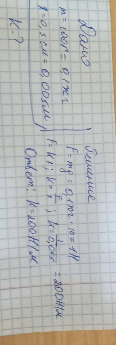 Найти жесткость пружины если Грузом массой 100 г она растянулась на 0,5 см
