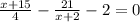 \frac{x + 15}{4} - \frac{21}{x + 2} - 2 = 0