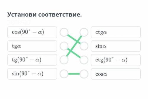 Пропорциональные отрезки в прямоугольном треугольнике EУстанови соответствие.cos(90°а)ctgatgasinatg(