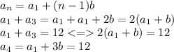 a_n=a_1+(n-1)b \\ a_1+a_3=a_1+a_1+2b =2(a_1+b)\\ a_1+a_3=12 < = 2(a_1+b) = 12 \\ a_4=a_1+3b=12