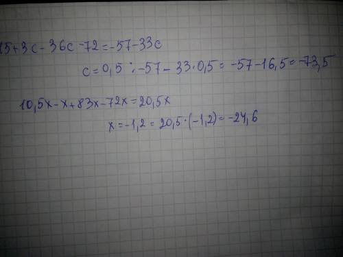 Решите:15+3с-18(2с+4) при с=0.5 10,5x-x+(83x-72x) при x=-1,2