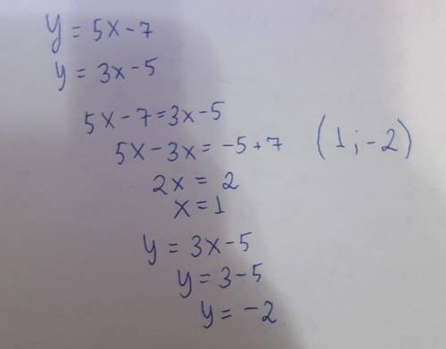 Найдите точкупересечения графиков функций у = 5х - 7 и у = 3х -5Можно решение полностью!​