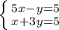 \left \{ {{5x-y=5} \atop {x+3y=5}} \right.