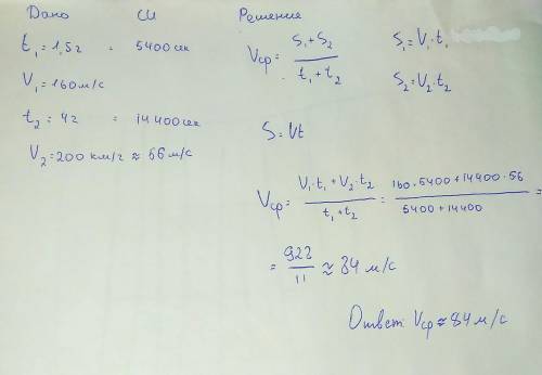 Дано: t1 =1,5ч V1=160м/с t2=4часа V2=200 км/ч Vср-?​