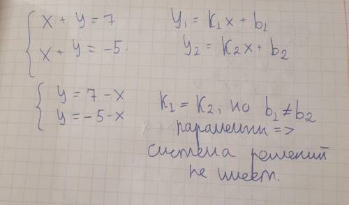 Сколько решений имеет система уравнений:х+у= 7,х+у= -5.​