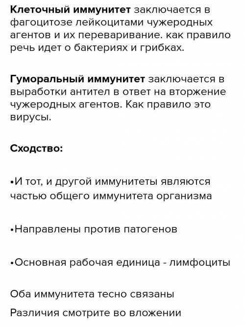 Сравните гуморальный и клеточный иммунитет указав сходство и отличительные признаки​